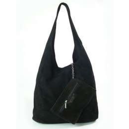 Włoski Zamszowy Worek Shopper Bag - Czarny - W456N